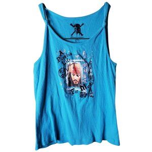 Pirates of the Caribbean Womens Size Large Blue Rib Knit Graphic Print Tank Top